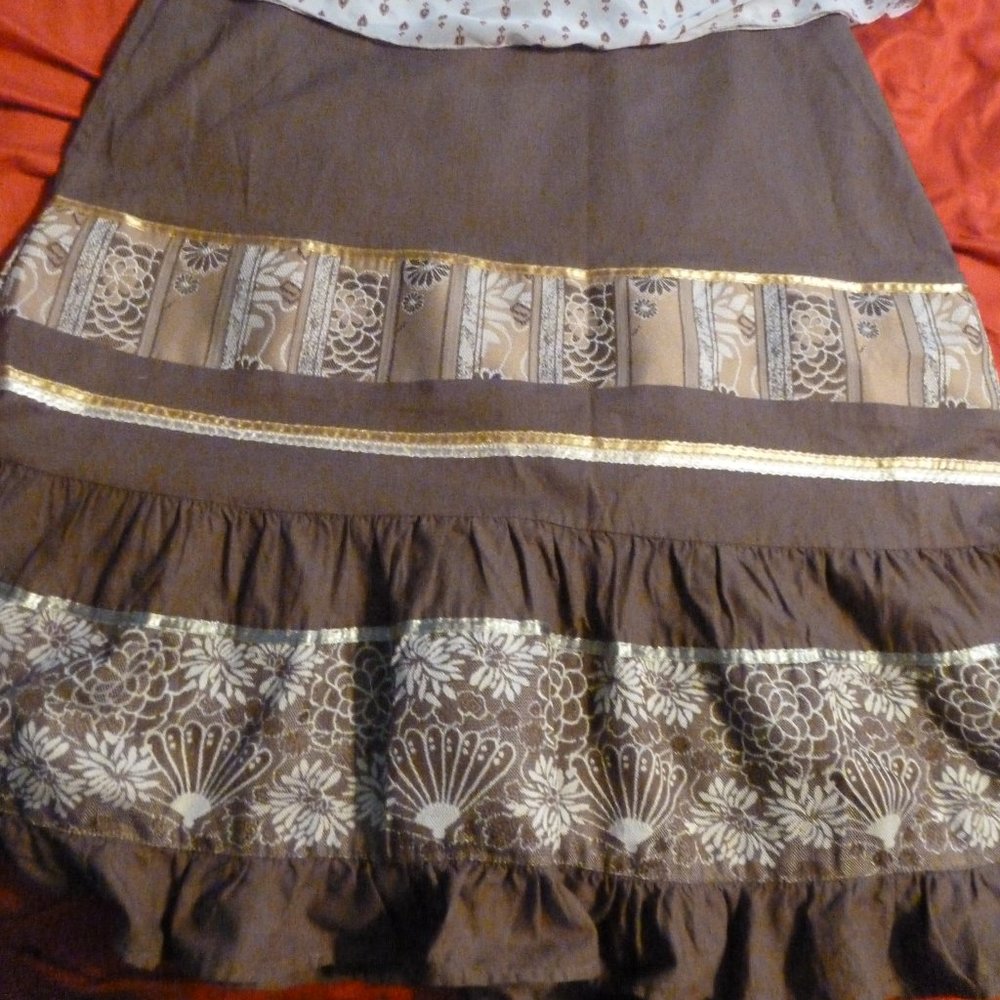 Apostrophe Boho Ribbon Brown Lined Skirt Size 8